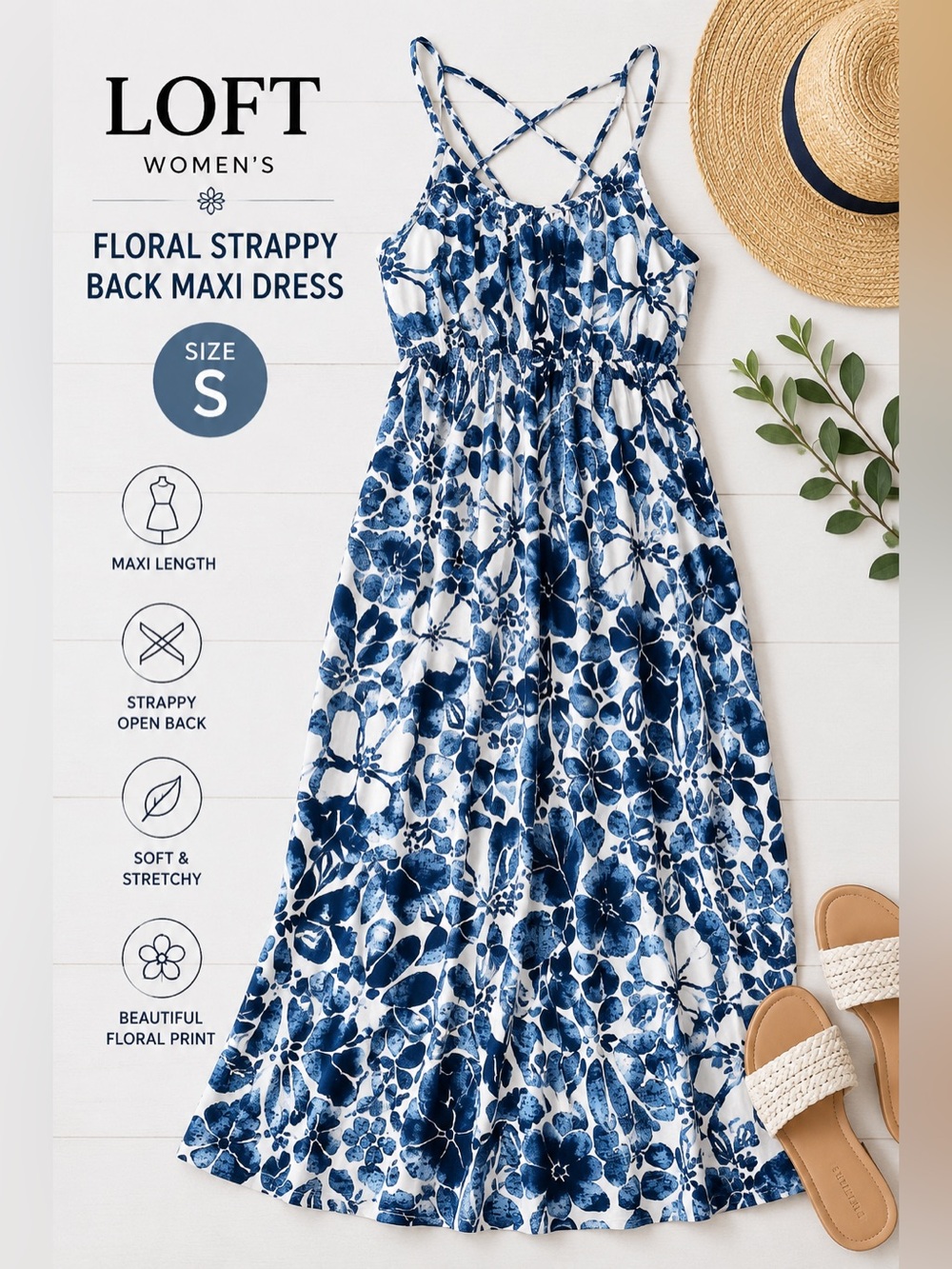 LOFT Womenās Small Blue White Floral Strappy Back Maxi Dress